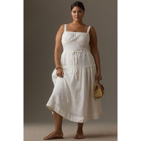 New Anthropologie Square-Neck Linen Midi Dress Size Large - Picture 4 of 14